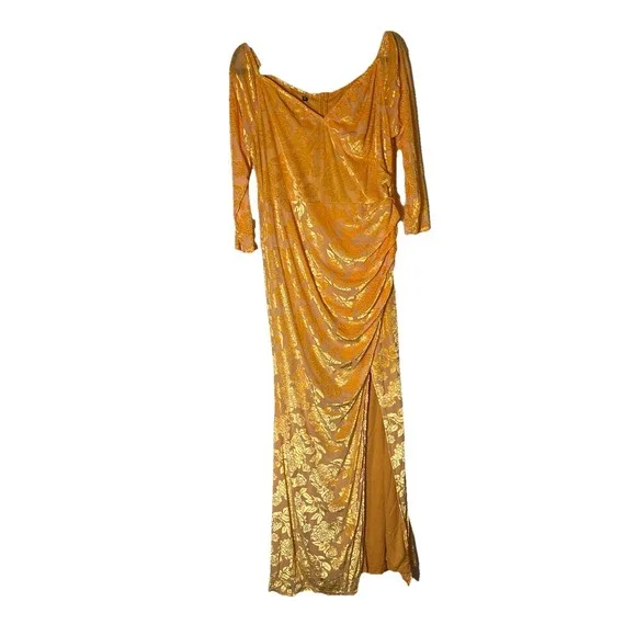 Gold Velvet Jacquard Maxi Dress 1XL Ruched High Slit Long Sleeve Fully  Lined